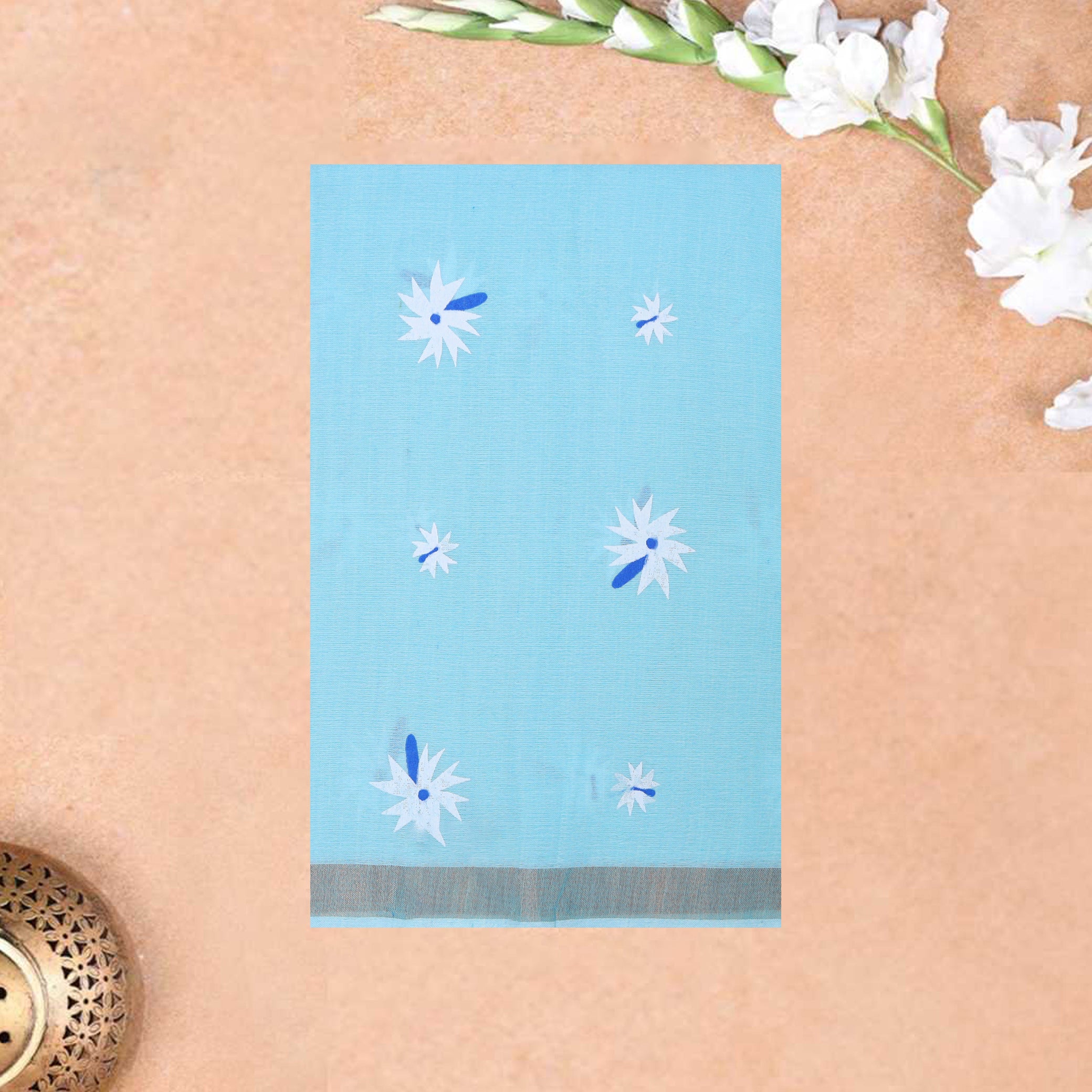 Light Blue Linen Cotton Saree with Contrast Blouse