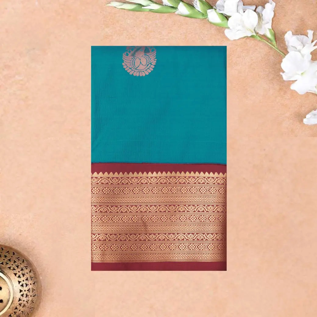 Peacock blue and Red Soft Silk Saree