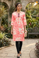 LightPink With Off white Floral Design Cotton Ladies Readymade Straight Cut Top