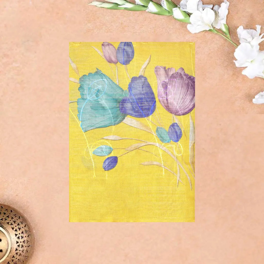 Lemon Yellow with Floral Design Trendy Tissue Fancy Saree