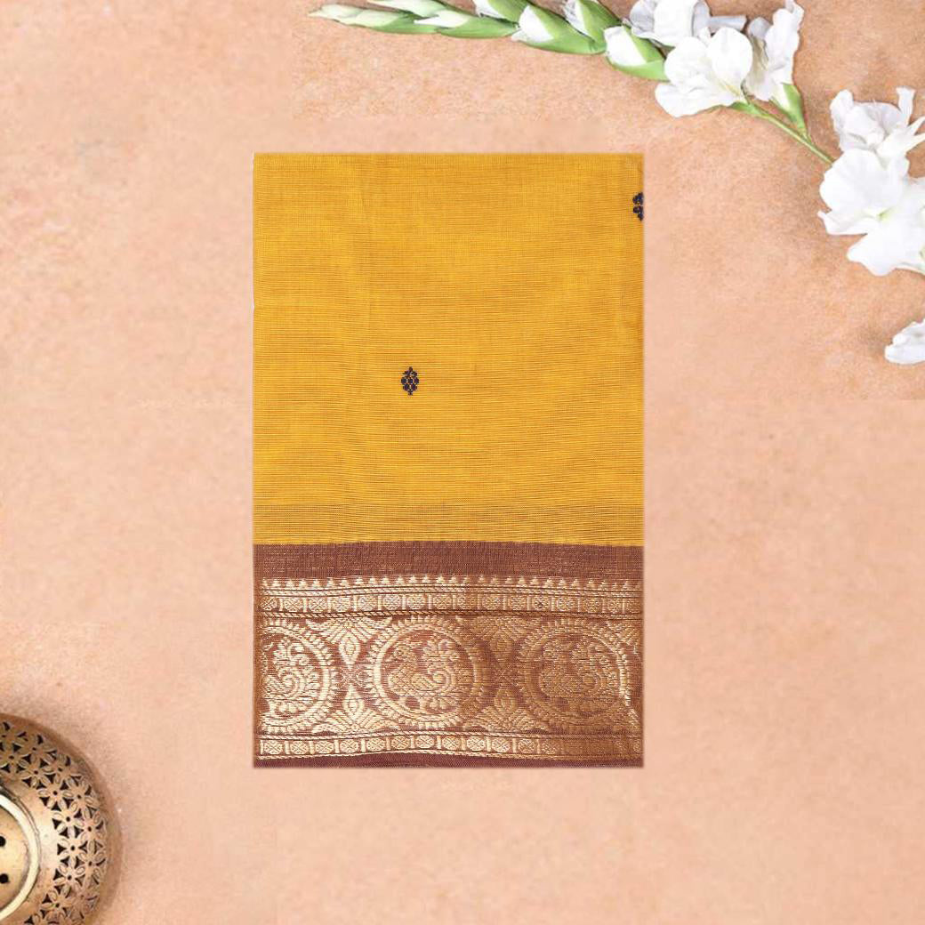 Mustard Yellow With Brown Contrast Border  Pure Cotton Saree