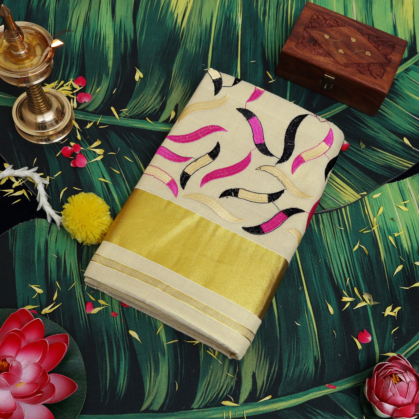 Off White With Gold Ribbon Leaf Embroidery Floral traditional kerala onam saree