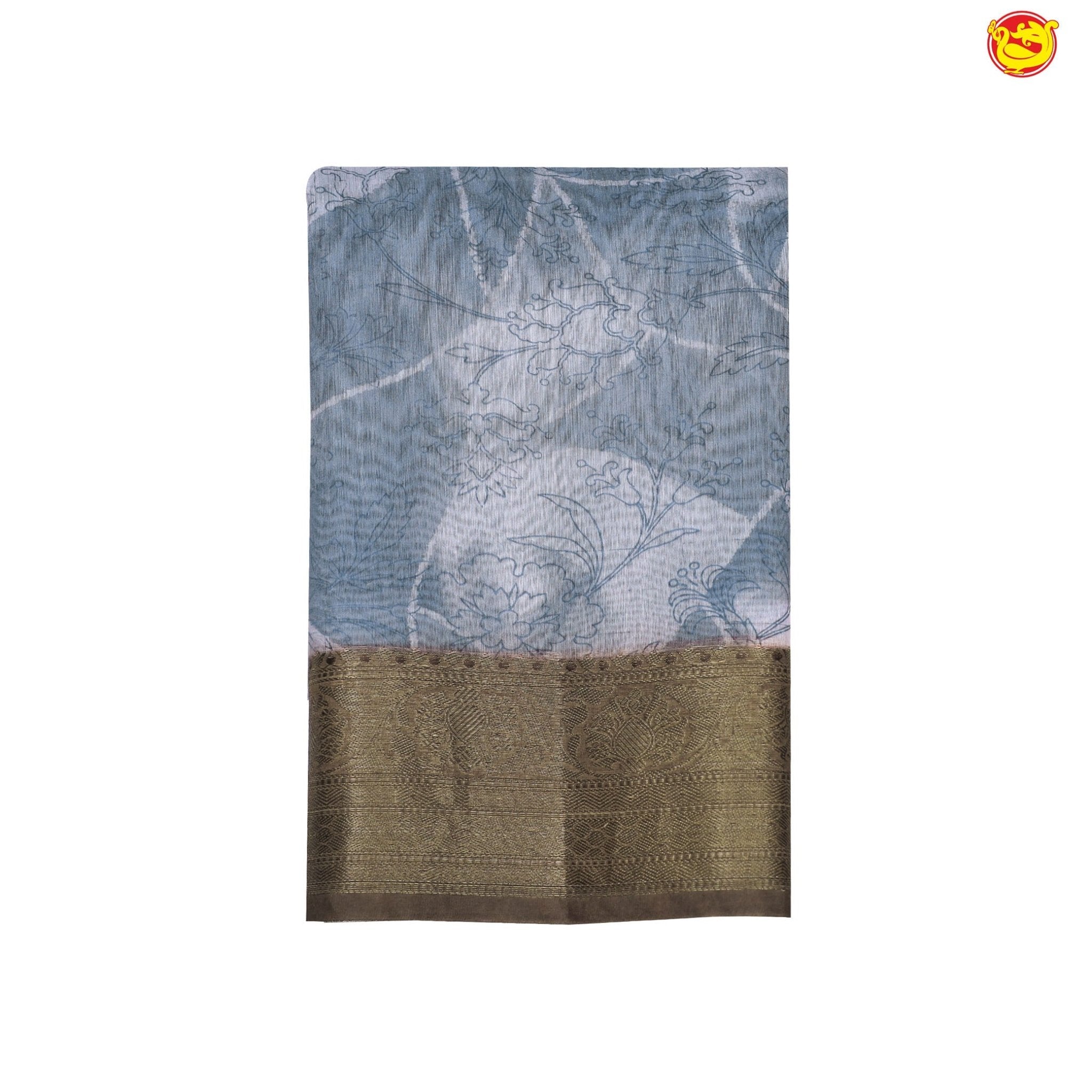 Unique Dark Brown Chanderi Silk Saree with Floral Motifs and Gold Zari Border - Thenianantham