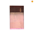 Chocolate Brown With Pastel Pink Gold And Silver Floral Buttas Checked Motifs and Stripes Border Gold Zari Yuvana Pure Soft Silk Saree - Thenianantham