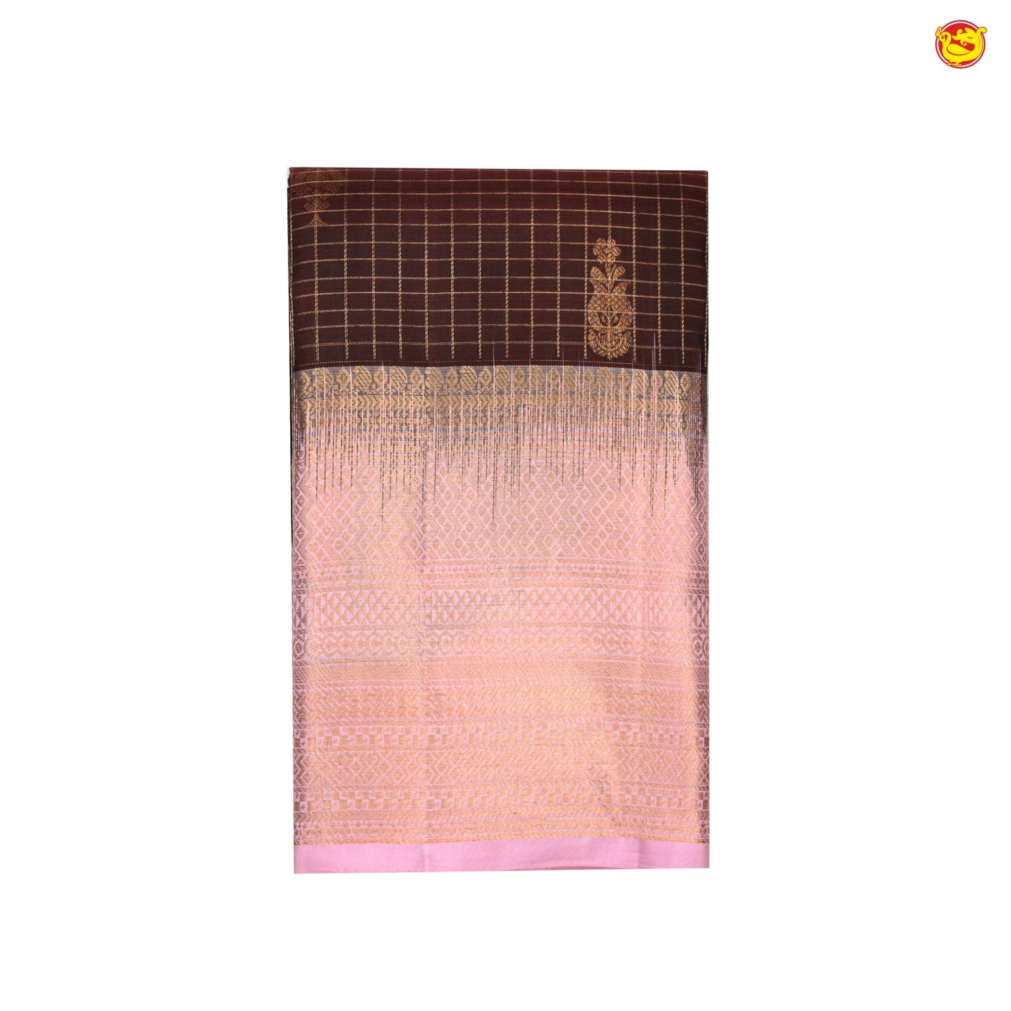 Chocolate Brown With Pastel Pink Gold And Silver Floral Buttas Checked Motifs and Stripes Border Gold Zari Yuvana Pure Soft Silk Saree