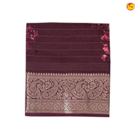 Unique Wine Pure Chanderi Silk Saree with Stripes and Digital Art Floral Motifs and Gold Zari Border - Thenianantham