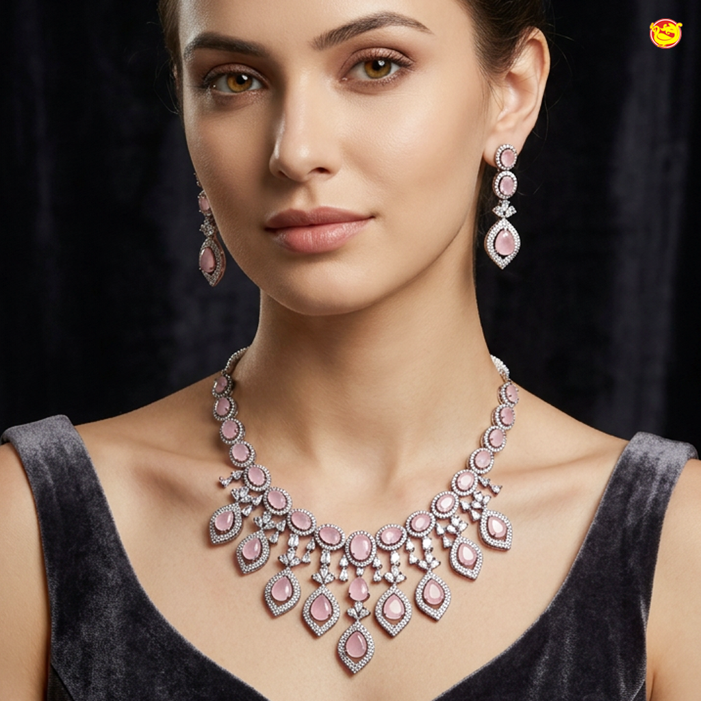 Heavy Bridal Silver With  Light Pink  Stone Necklace matching earrings Set