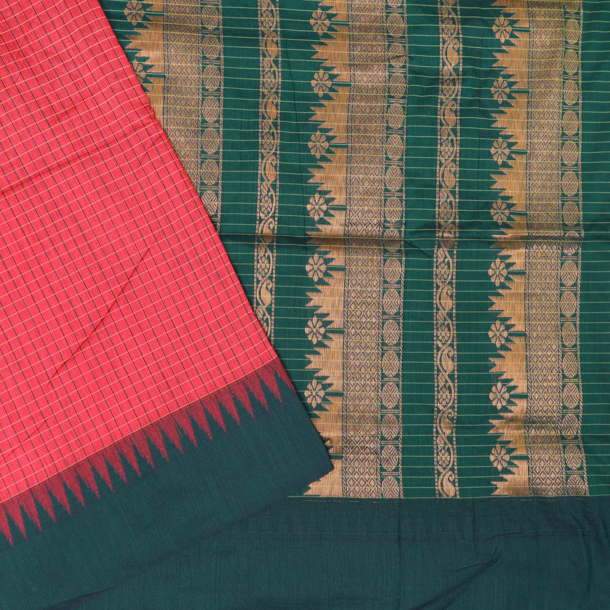 vibrant reddish-pink with Dark Green Premium Quality Kalyani Cotton Saree