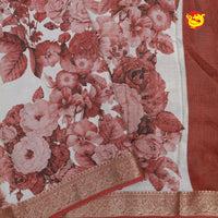 Red Pure Organza Silk With Gold Zari Border Digital Print Saree - Thenianantham