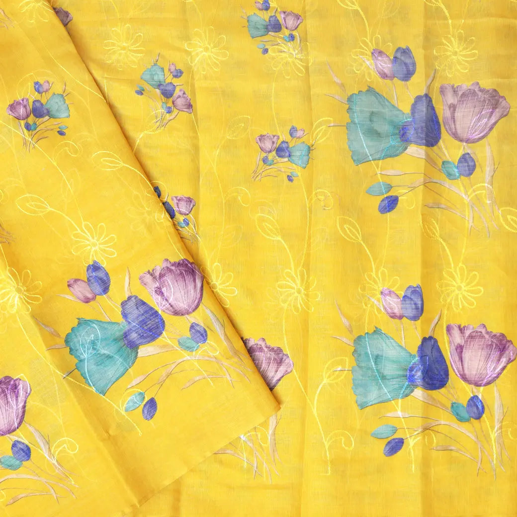 Lemon Yellow with Floral Design Trendy Tissue Fancy Saree