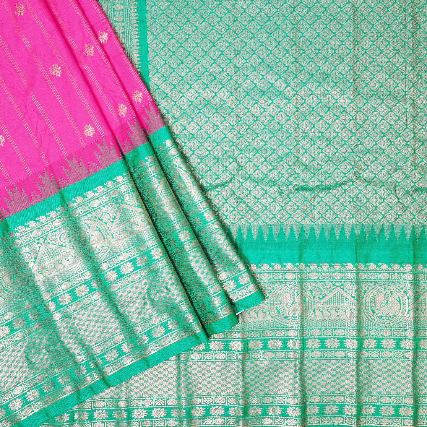 Pink with Green Gadwal silk saree