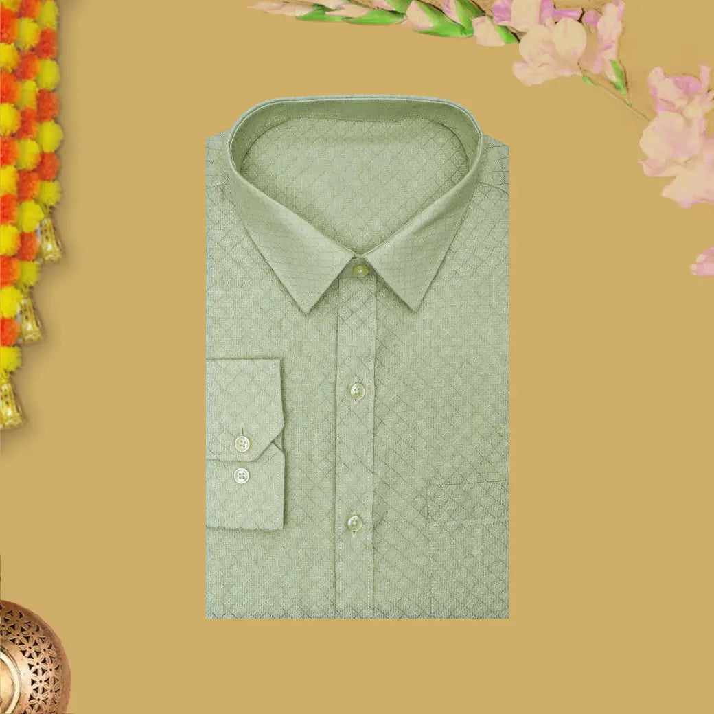 Light Green  Traditional Ethnic wear Cotton Readymade Shirt and Singel  Border Dhoti Set For Men