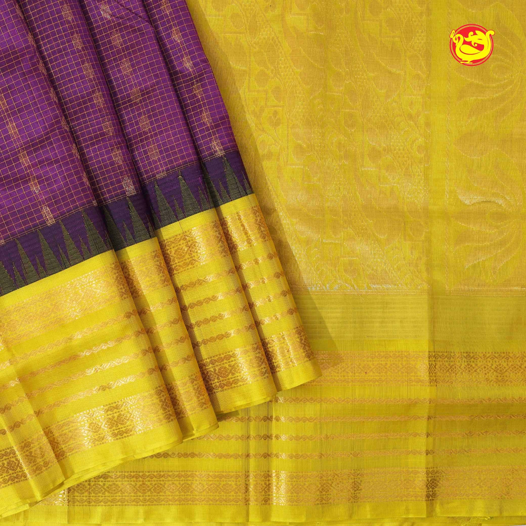 Dark Magenta and Lemon Yellow With Gold Zari Checked Floral Buttas Pure Silk Cotton Saree