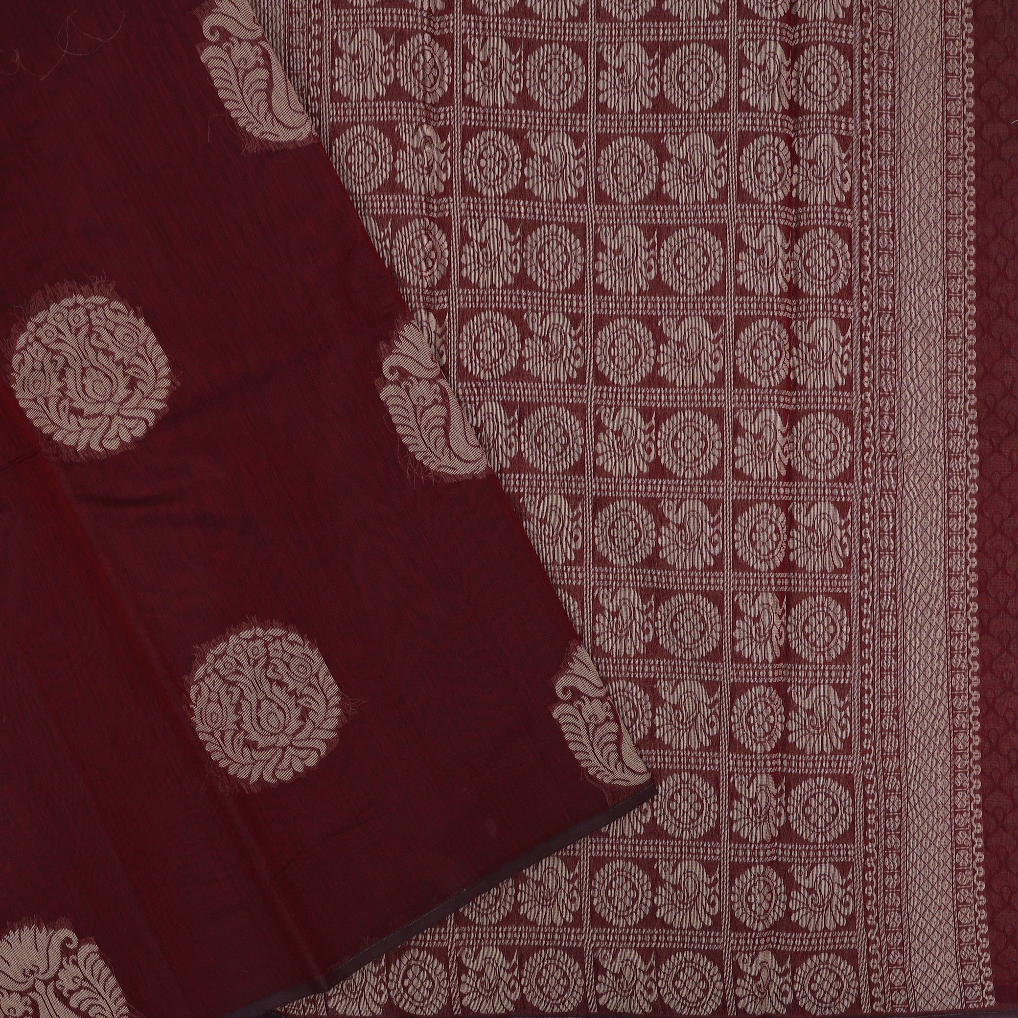 Deep Reddish-Maroon With Sandal Zari  Silk Cotton Saree