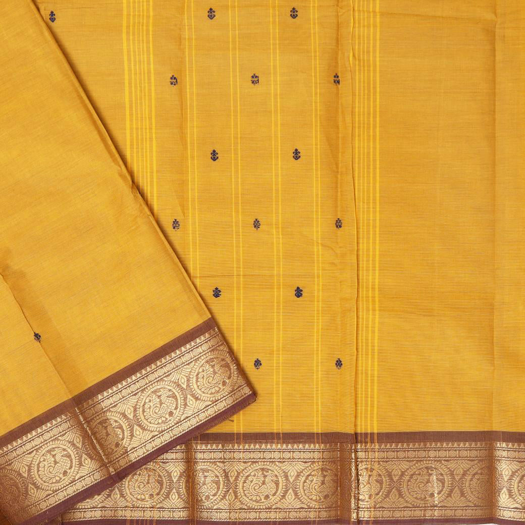 Mustard Yellow With Brown Contrast Border  Pure Cotton Saree