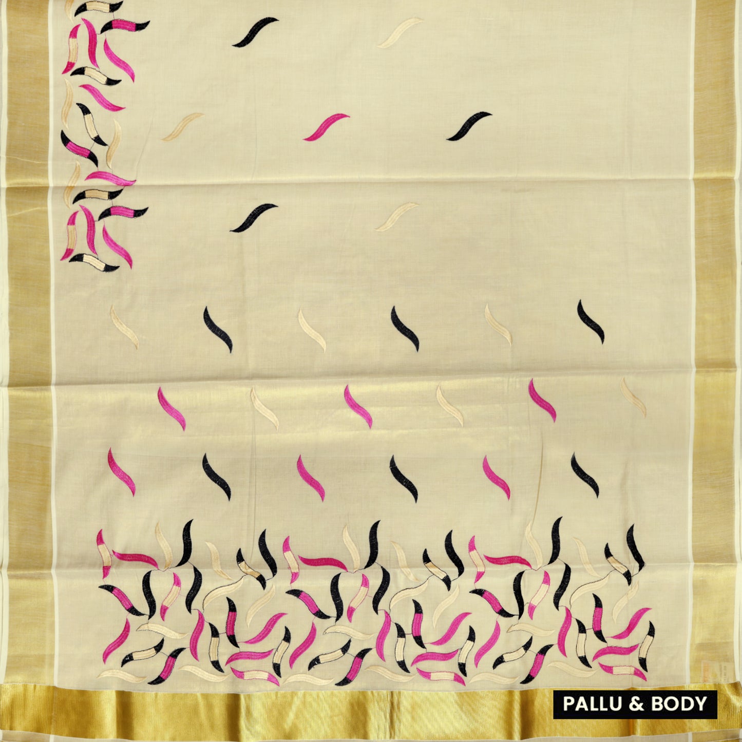 Off White With Gold Ribbon Leaf Embroidery Floral traditional kerala onam saree