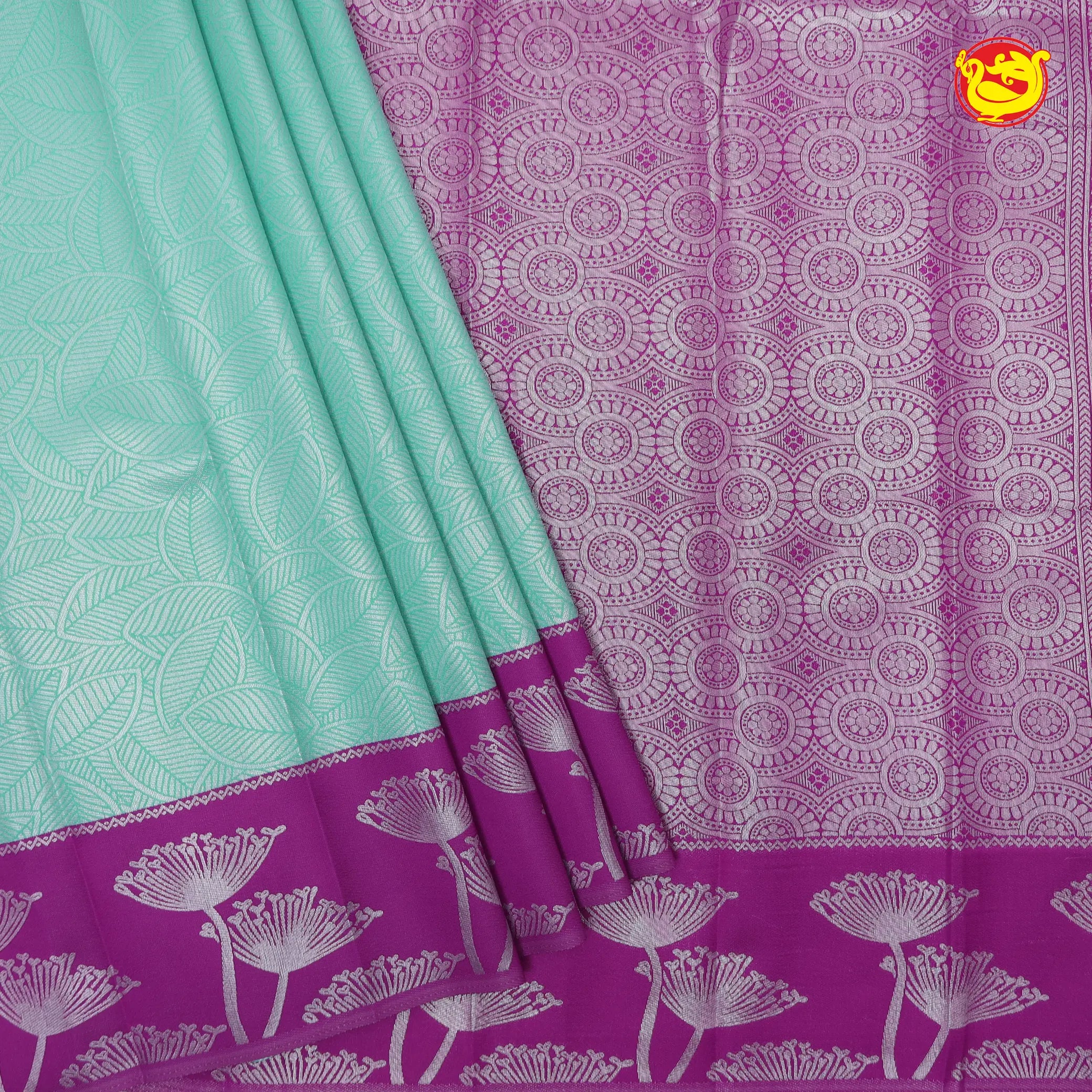 Pastel Green with Magenta Floral Motifs Kubera Pattu Saree