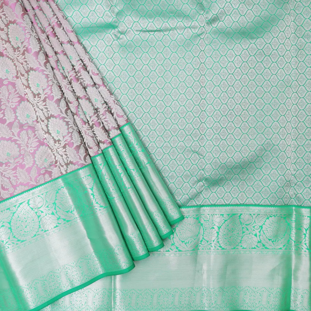 Light Pink with Mint Green Traditional Floral Pattern in Gold Zari Border Wedding Silk Saree