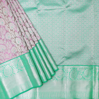 Light Pink with Mint Green Traditional Floral Pattern in Gold Zari Border Wedding Silk Saree