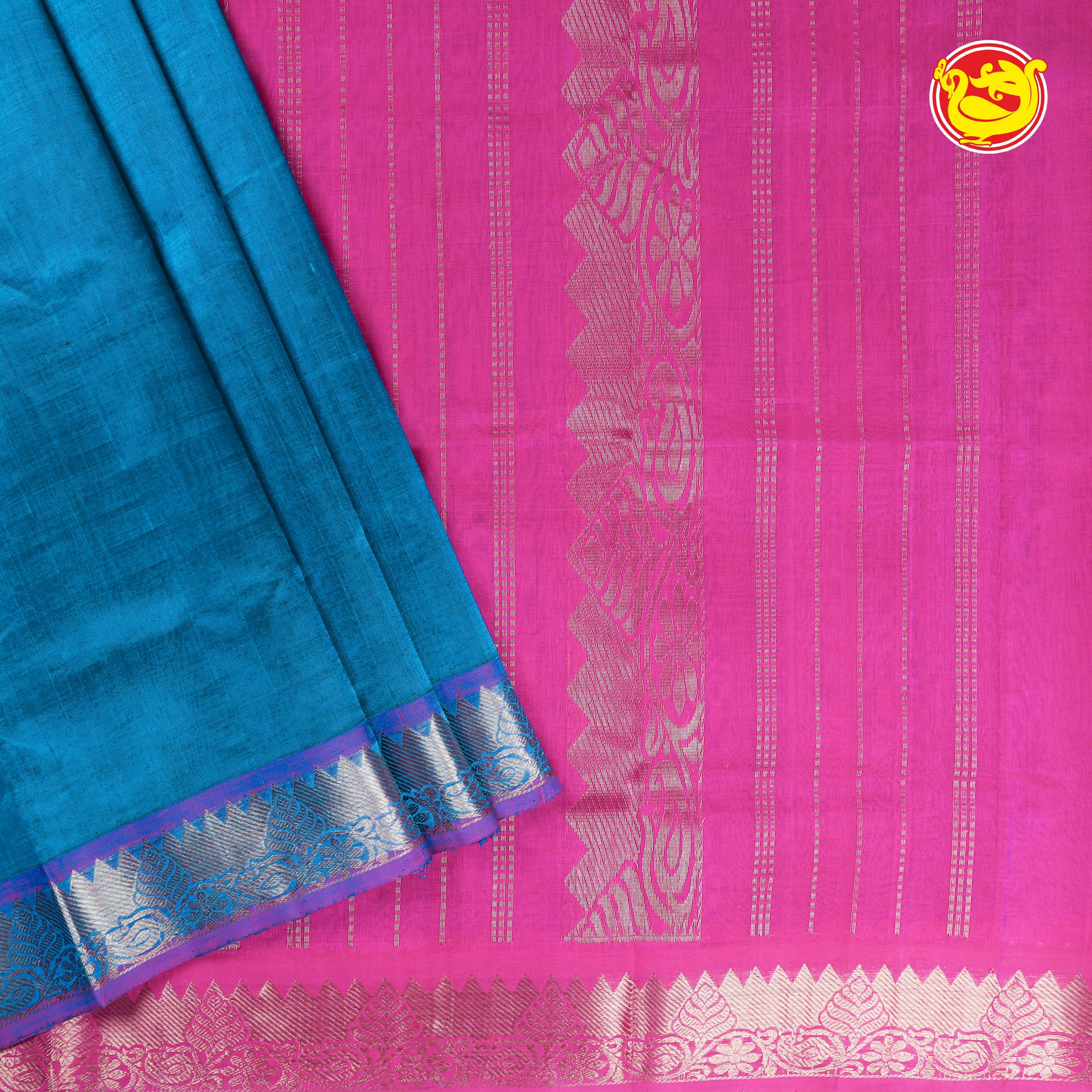 Blue with pink pure silk cotton saree