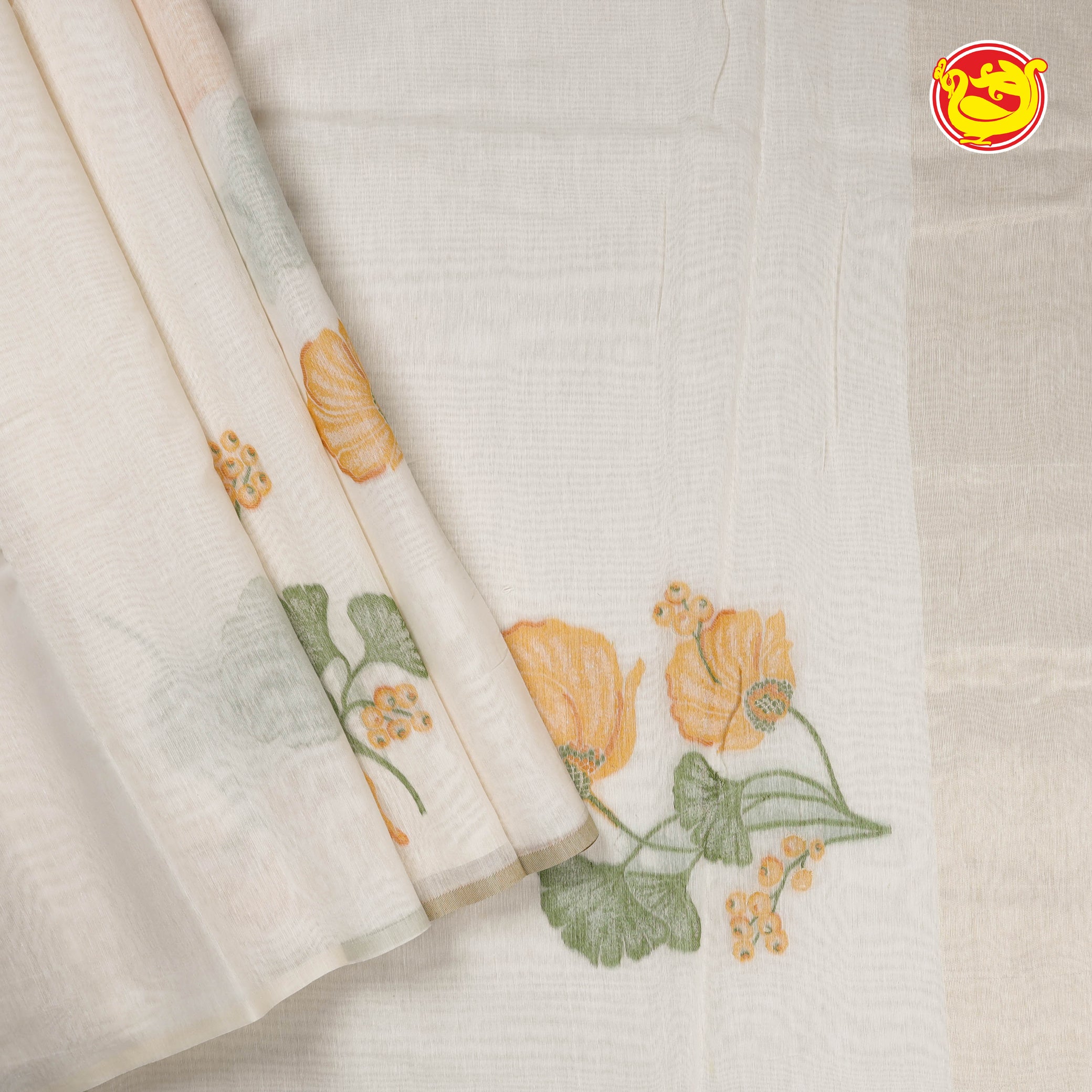 Half white pure cotton saree with floral motifs