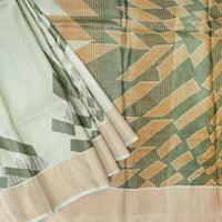 Pure Tussar Silk Saree Pale Green and  Orange Shade With Floral Design and Painted Prints and Zari Woven Border