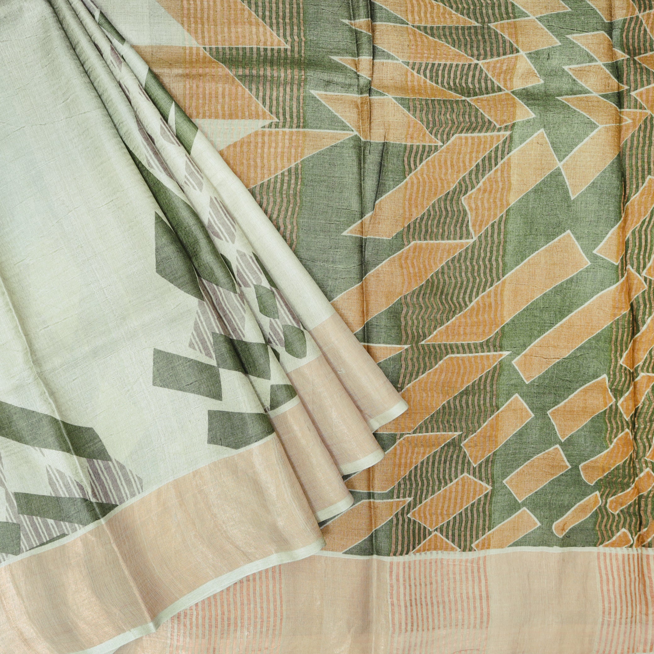 Pure Tussar Silk Saree Pale Green and  Orange Shade With Floral Design and Painted Prints and Zari Woven Border
