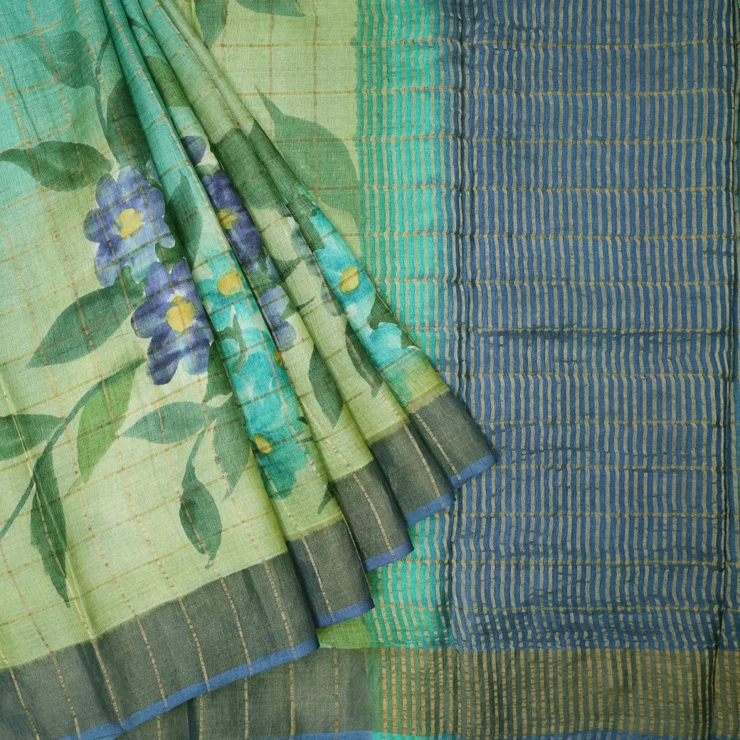 Pista Green And Pale Blue with Gray Border With Floral Design and Painted Prints Tussar Saree