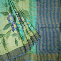 Pista Green And Pale Blue with Gray Border With Floral Design and Painted Prints Tussar Saree