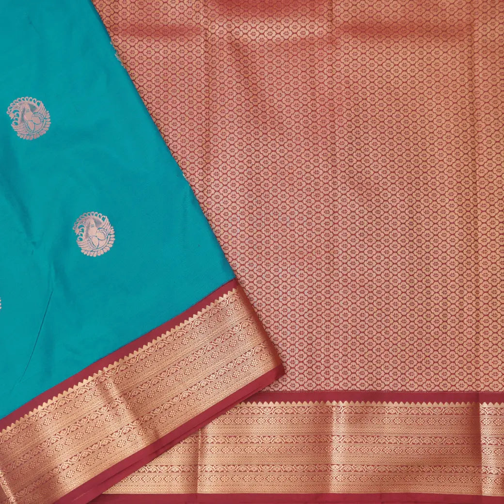 Peacock blue and Red Soft Silk Saree