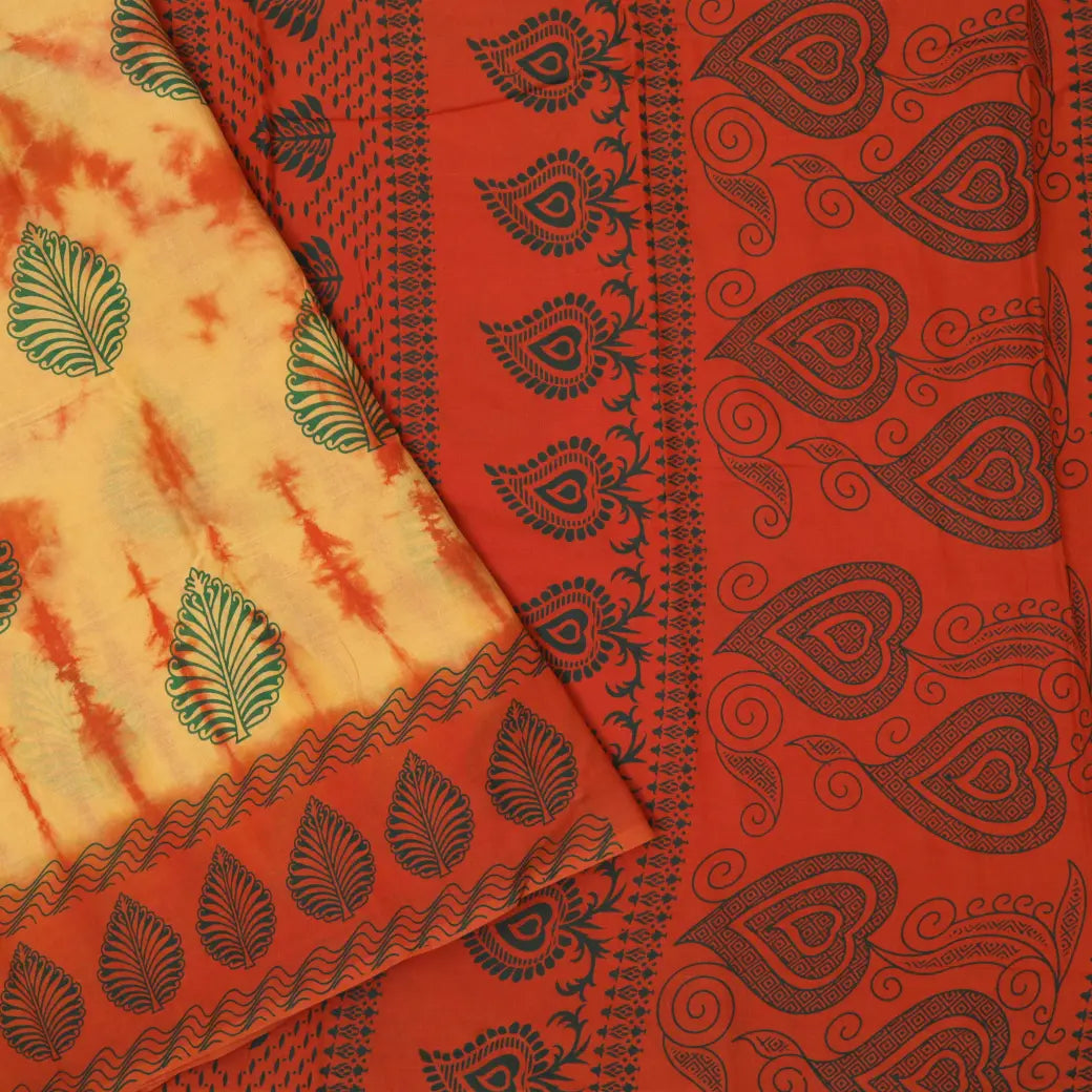 yellow-orange Sungudi Cotton Saree without Blouse