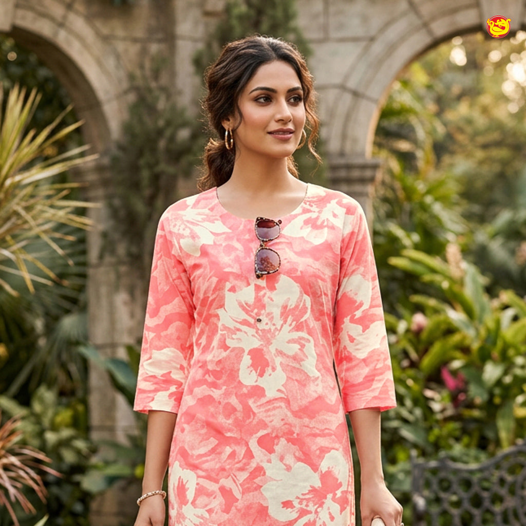 LightPink With Off white Floral Design Cotton Ladies Readymade Straight Cut Top