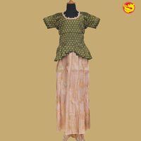 Olive Green Peach Girls Branded Readymade Pattu Pavadai Set