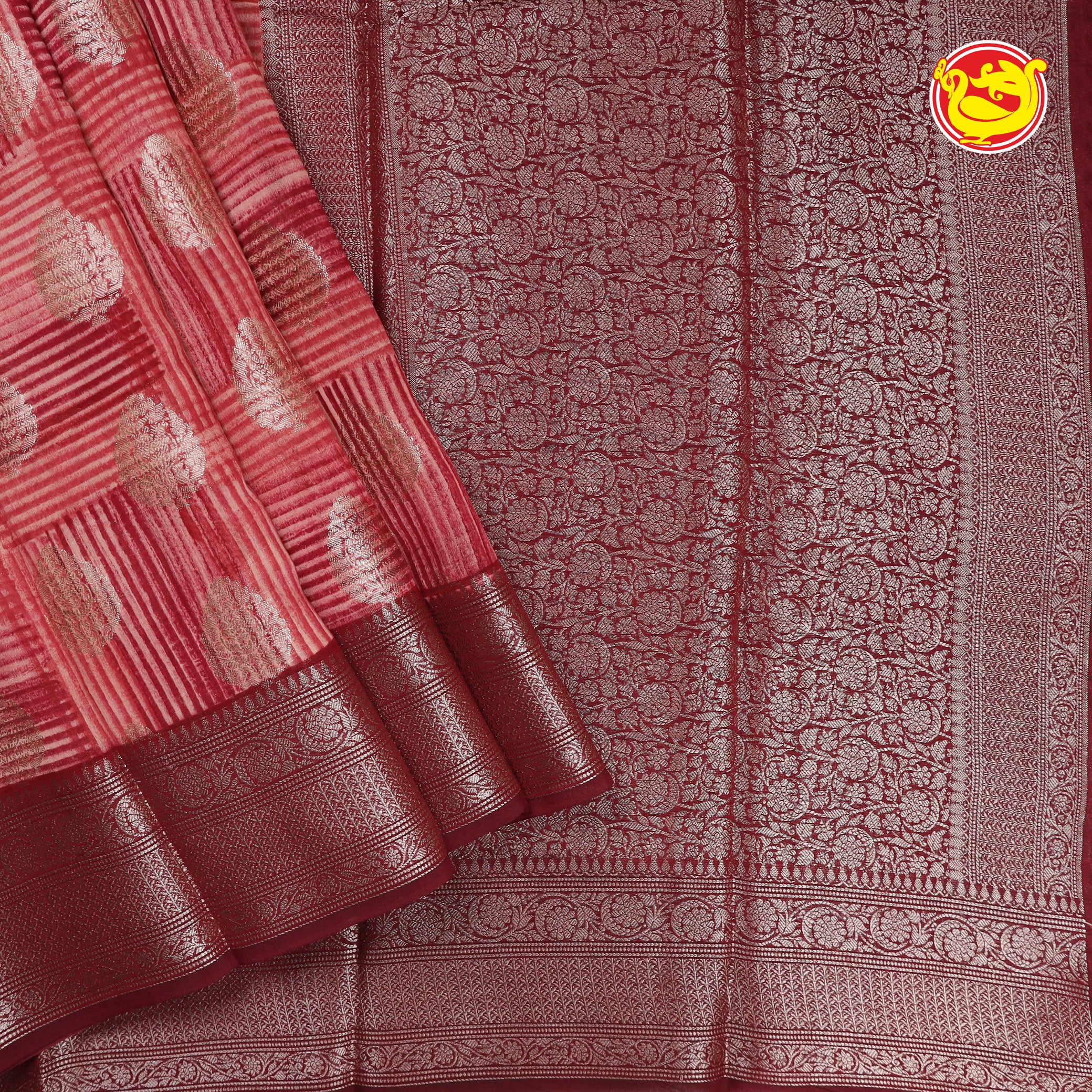 Red chanderi silk saree with zari buttas