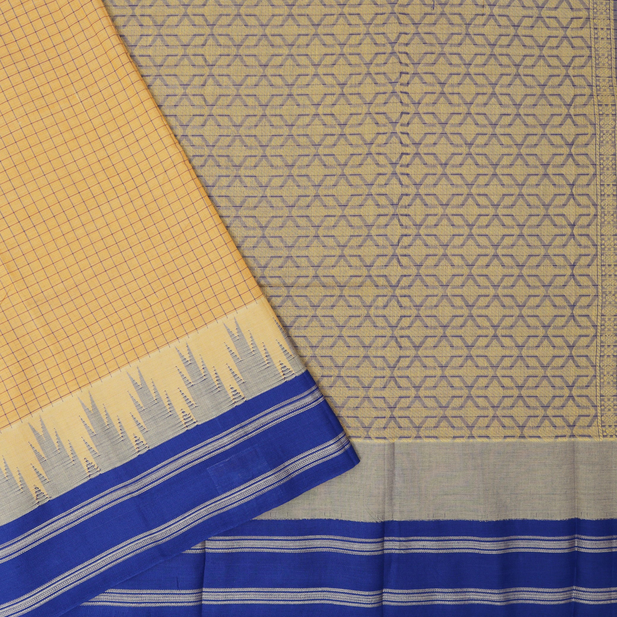 Yellow With Blue Small Checked Pattern Pure  Cotton Saree without Blous