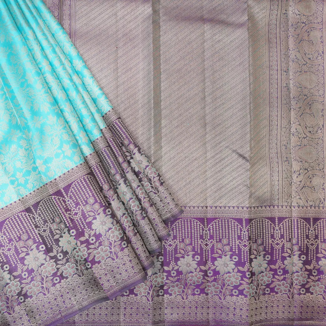 Cyan Blue with Purple  Kanchipuram Wedding silk saree