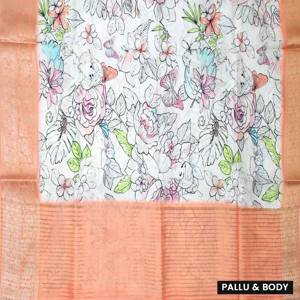 White with Light Peach Floral  Design Dola Silk Saree