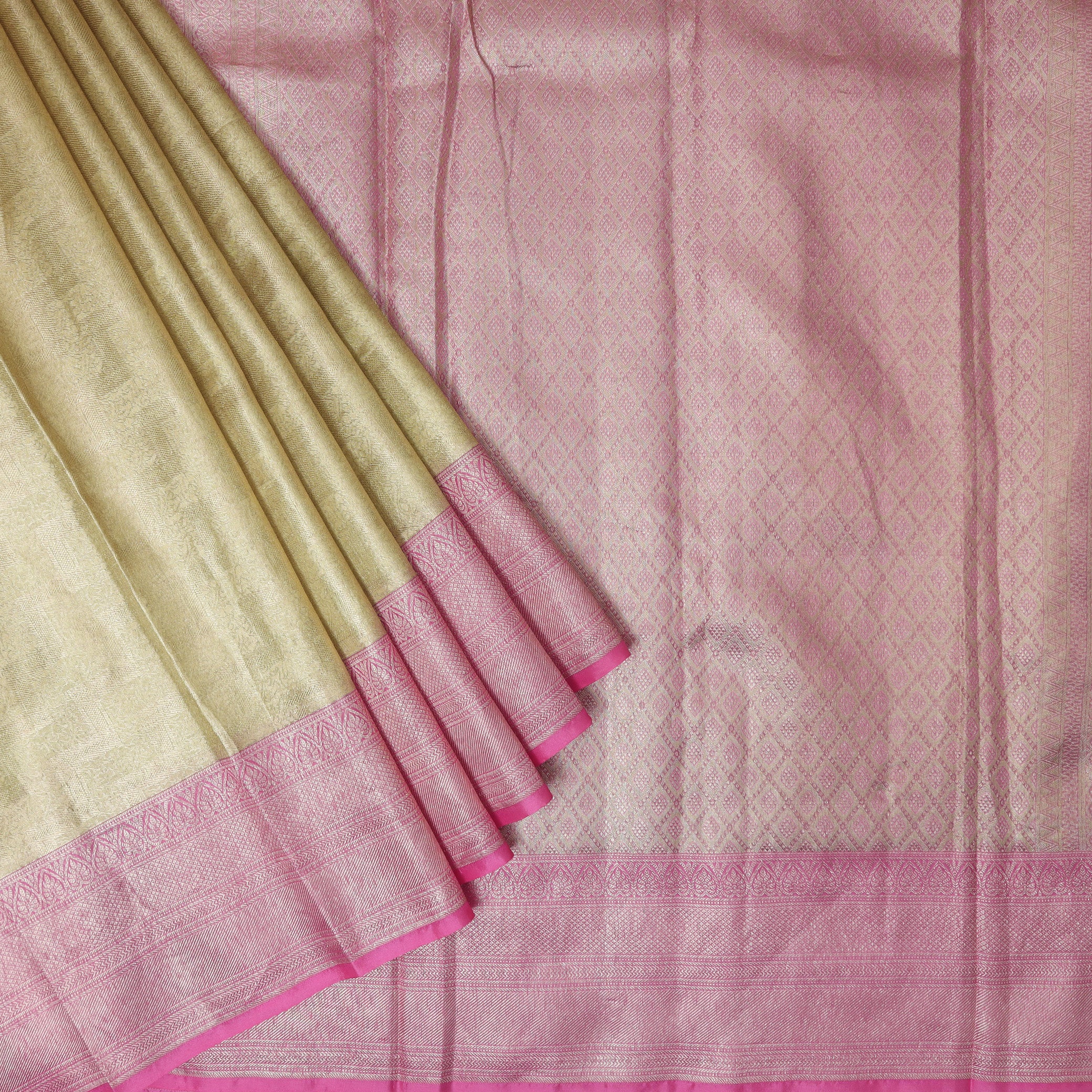 Gold Yellow With Pink  Golden Zari Border Wedding Silk Saree