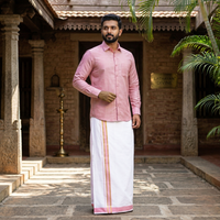 Light Pink With White Dhoti Readymade Shirt And Matching Border Dhoti Set for Men