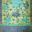 Pista Green And Pale Blue with Gray Border With Floral Design and Painted Prints Tussar Saree