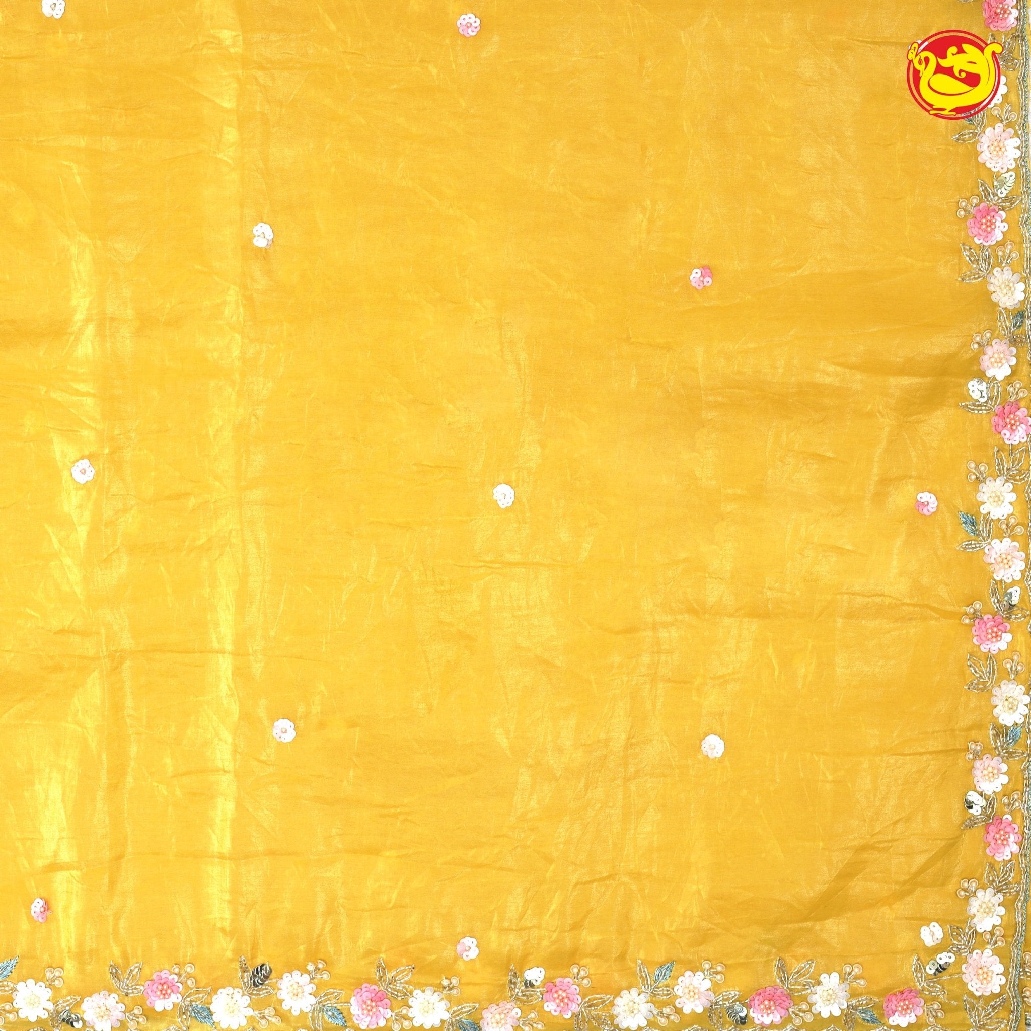 Mustard Yellow Shimmer Saree In Sequins With Beads And Stones On The Pallu Border - Thenianantham