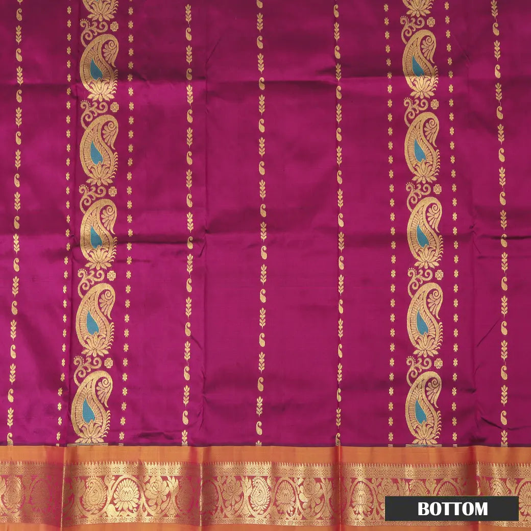 Magenta With Orange Border Floral Design Traditional  Pattu Pavadai Material