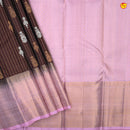 Chocolate Brown With Pastel Pink Gold And Silver Floral Buttas Checked Motifs and Stripes Border Gold Zari Yuvana Pure Soft Silk Saree - Thenianantham