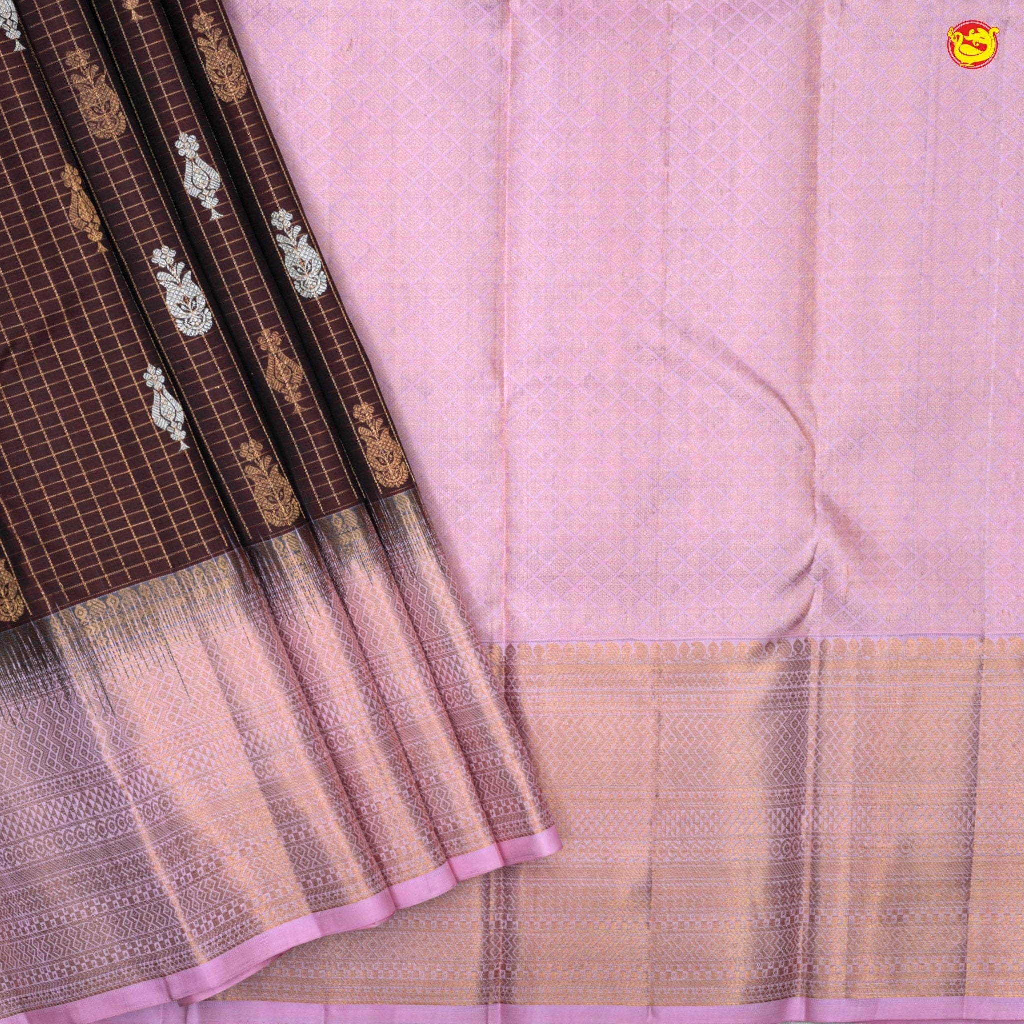 Chocolate Brown With Pastel Pink Gold And Silver Floral Buttas Checked Motifs and Stripes Border Gold Zari Yuvana Pure Soft Silk Saree - Thenianantham