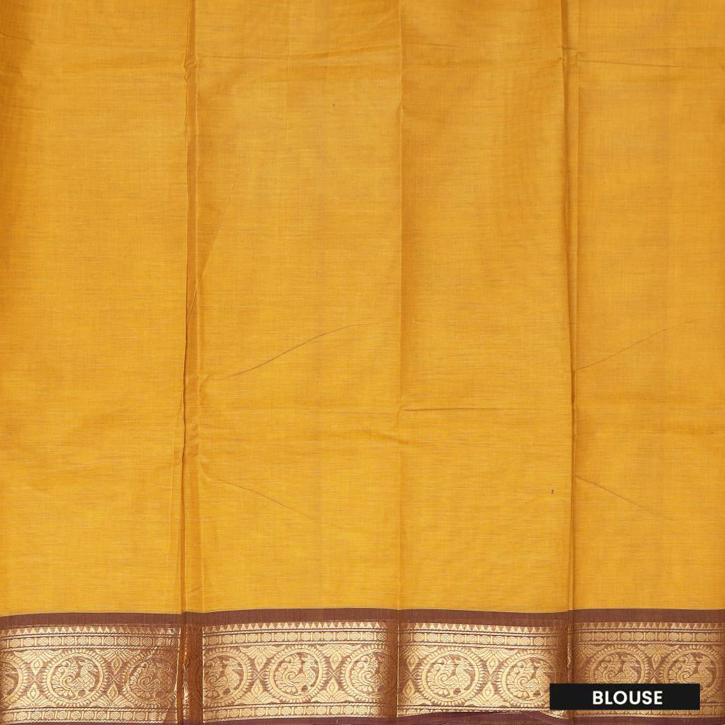Mustard Yellow With Brown Contrast Border  Pure Cotton Saree