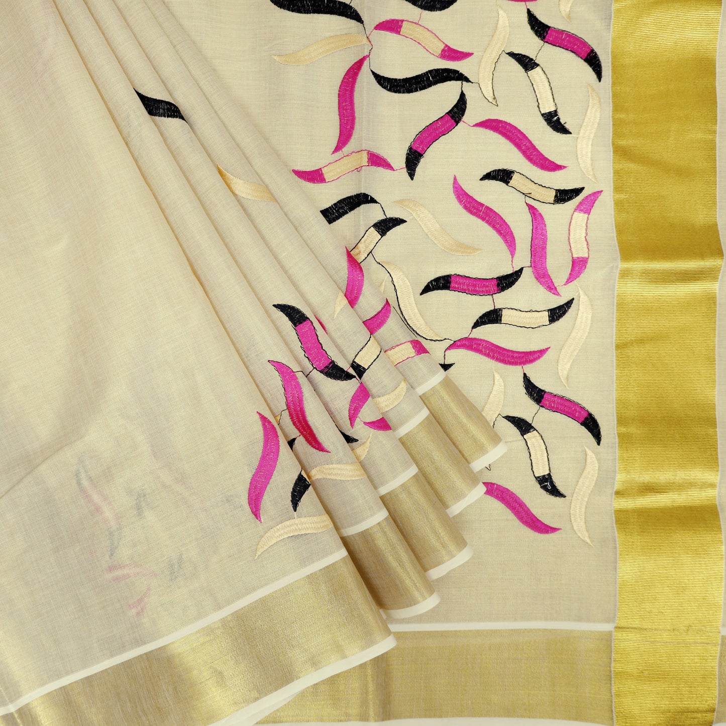 Off White With Gold Ribbon Leaf Embroidery Floral traditional kerala onam saree
