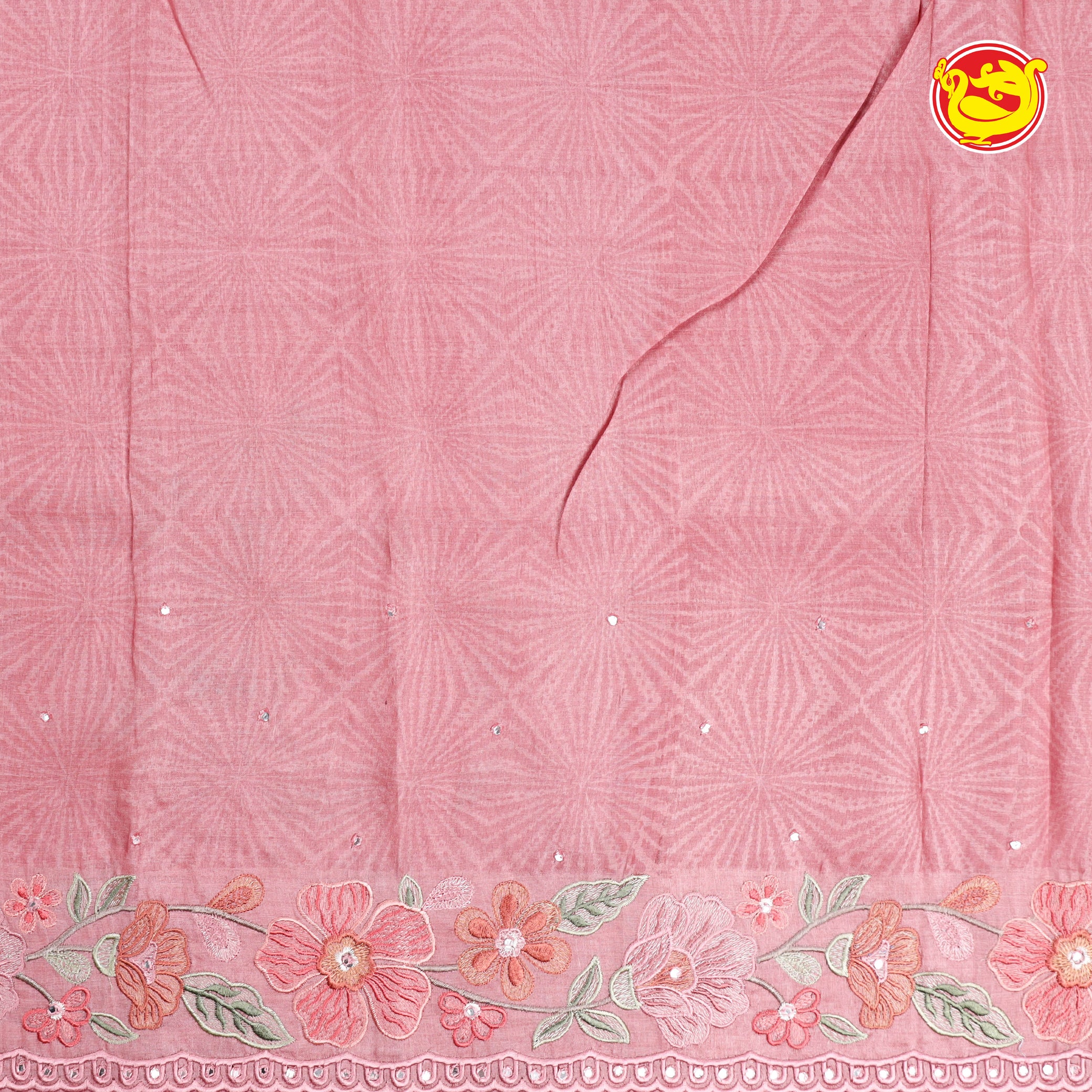 Pastel pink organza silk saree with embroidery and block prints