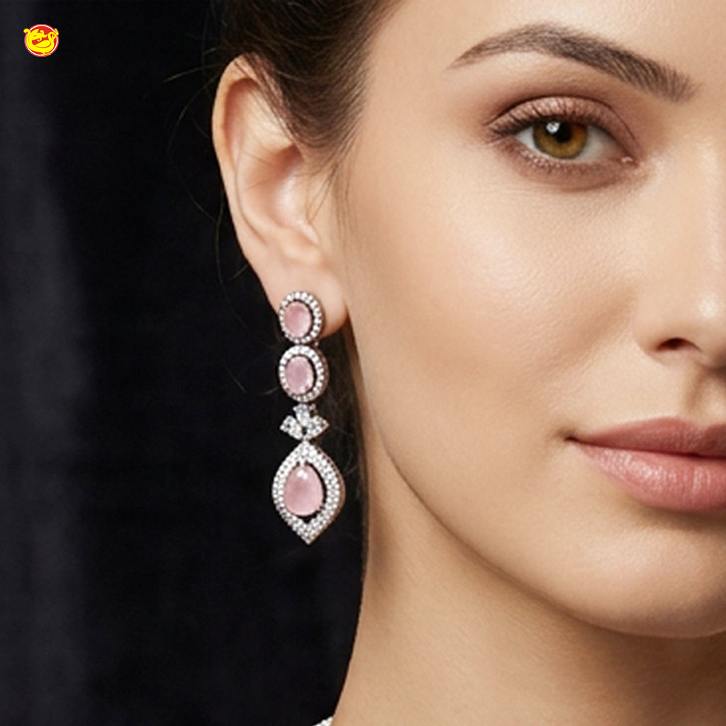 Heavy Bridal Silver With  Light Pink  Stone Necklace matching earrings Set