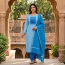 Sky Blue With Turquoise Blue Cotton Ladies Chudithar Material