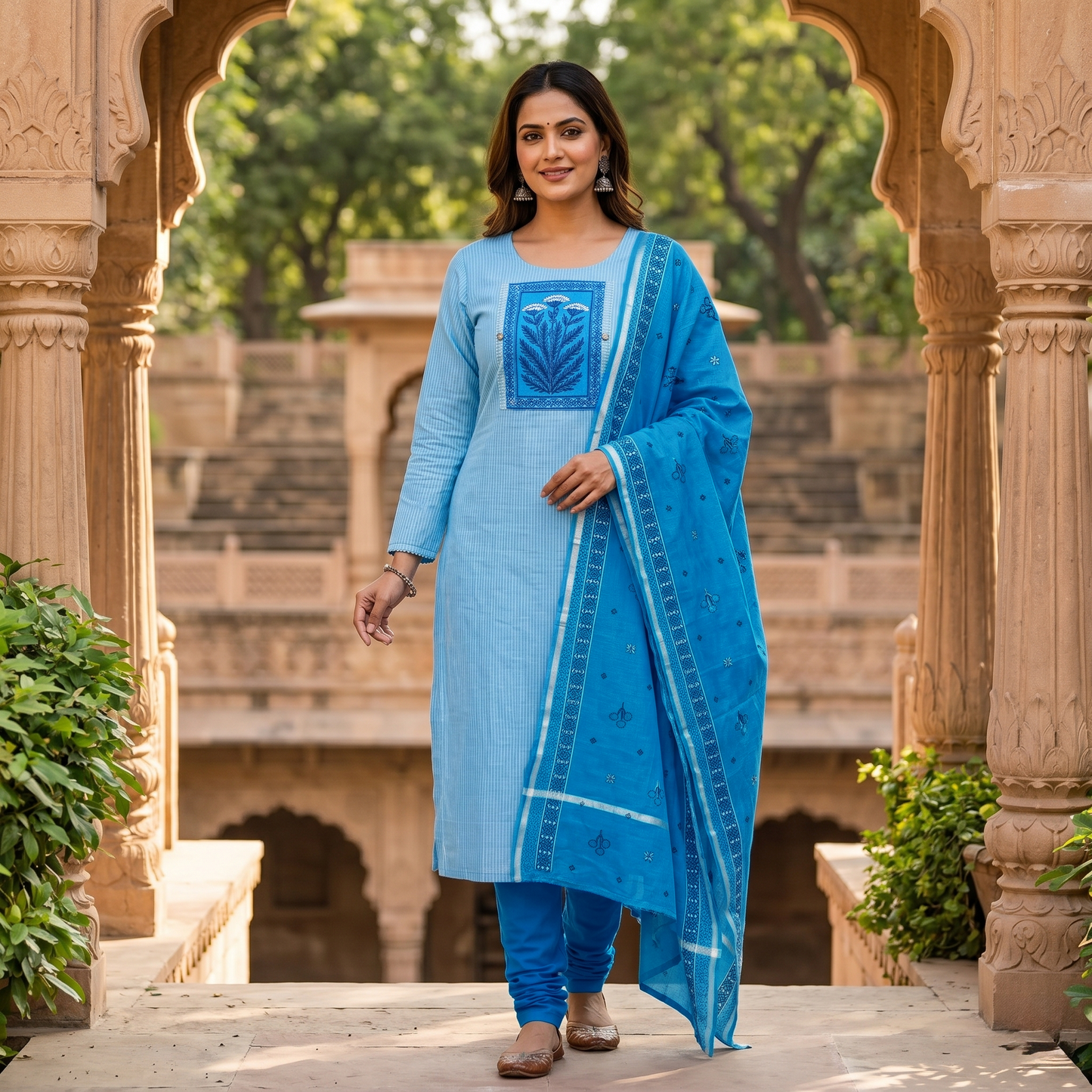 Sky Blue With Turquoise Blue Cotton Ladies Chudithar Material